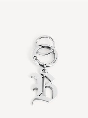 BALENCIAGA MELROSE B LOGO KEYCHAIN KEY RING FOB IN ANTIQUE SILVER